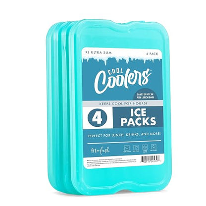 Cool Coolers by Fit & Fresh Paquete de 4 Paquetes de Hielo Delgados XL, Paquetes de Hielo Reutilizables para fiambreras o enfriadores, Color Verde