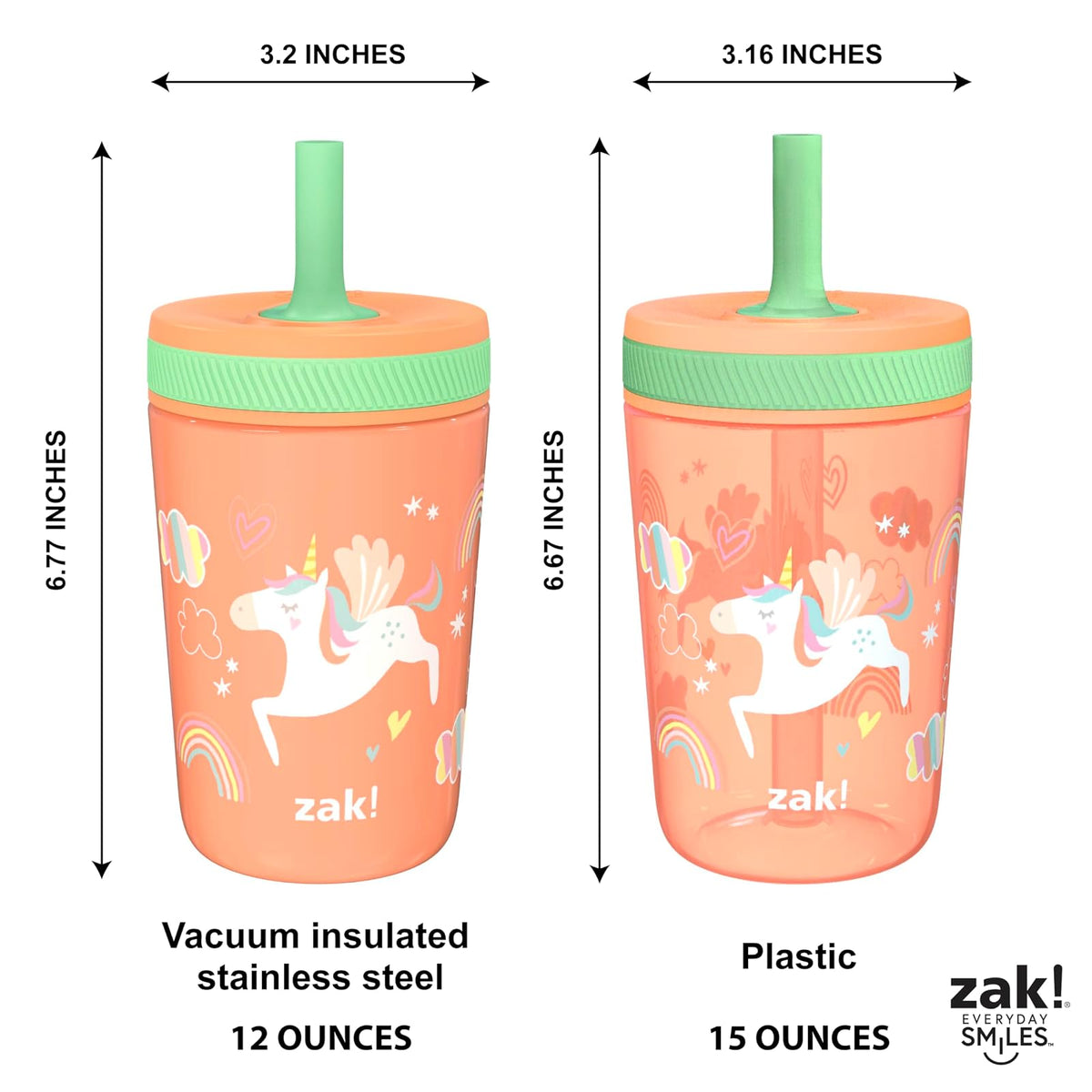 Zak Designs - Juego de vasos de unicornio Kelso, tapa atornillada a prueba de fugas con popote, paquete para niños incluye vasos de plástico y acero inoxidable con sorbidor adicional, juego de 3