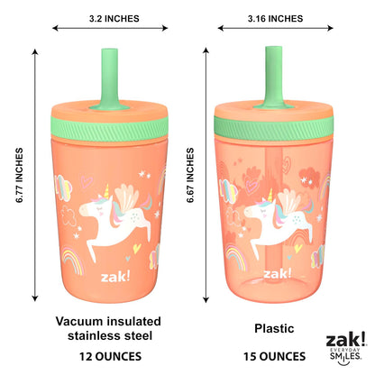 Zak Designs - Juego de vasos de unicornio Kelso, tapa atornillada a prueba de fugas con popote, paquete para niños incluye vasos de plástico y acero inoxidable con sorbidor adicional, juego de 3