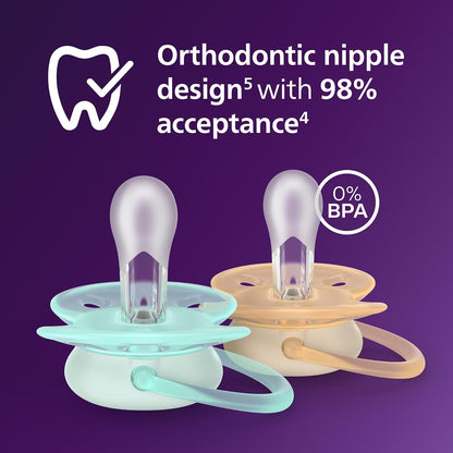 Philips Avent - Chupones Ultra Suaves, Diseño Ortodóntico, para Bebés de 0-6 Meses, Escudo Flexible, Pezón Simétrico de Silicona, Sin BPA, 2 Estuches Esterilizadores, Paquete de 4, SCF091/49