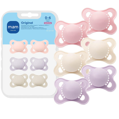 MAM Chupones Originales Mate para Bebé, 0-6 Meses, Paquete de 4 - Rosa - Morado - Algodón - 6 Count (Pack of 1)