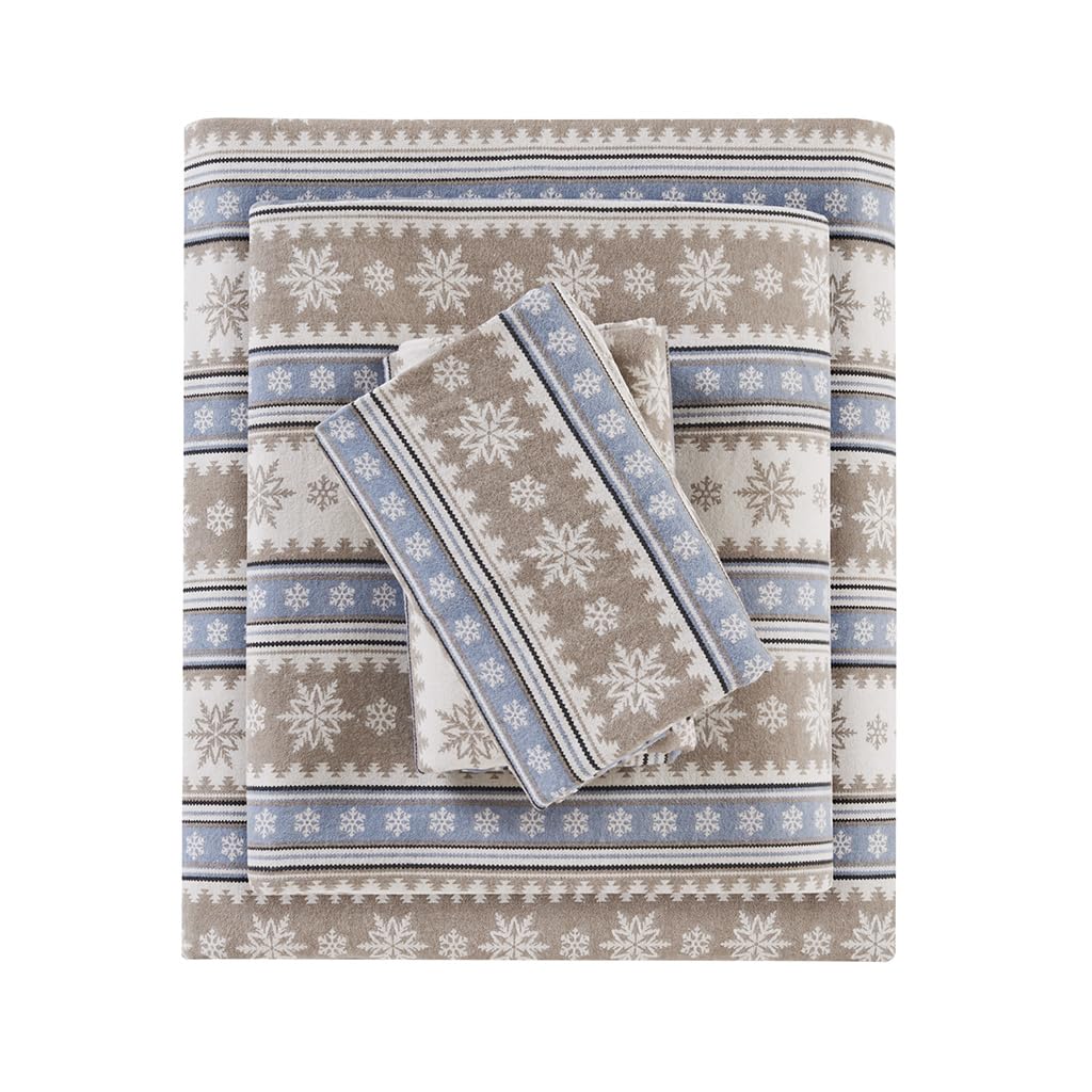 Woolrich - Juego de sábanas de algodón con Estampado de dijes de cabaña, 100% algodón, sábanas cálidas y peludas, tamaño Queen, Bolsillo Ajustado para colchones de hasta 14 Pulgadas, Copo de Nieve
