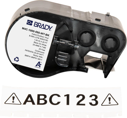 Brady Authentic (M4C-1000-595-WT-BK) Etiquetas de vinilo para todo tipo de clima, 1 pulgada de ancho x 25 pies, negro sobre blanco. Para uso con impresoras de etiquetas BMP41, BMP51, M410, M510 y