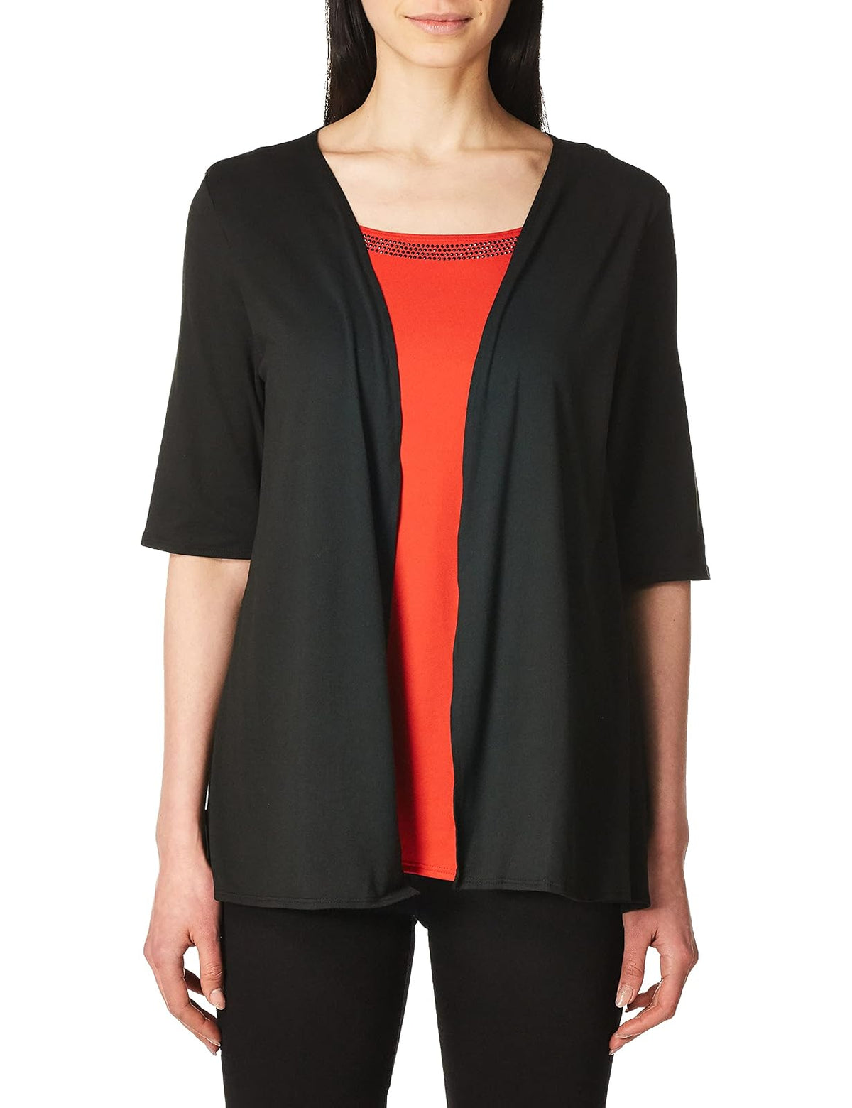 Star Vixen Elbow Sleeve 2fer with 4-Row Stud Trim Detail PlayeraMujer - Mediana Petite - Black - Red