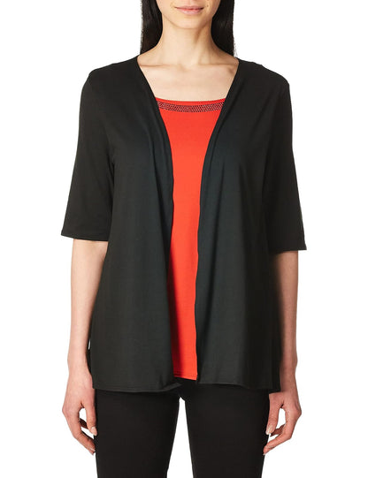 Star Vixen Elbow Sleeve 2fer with 4-Row Stud Trim Detail PlayeraMujer - Mediana Petite - Black - Red