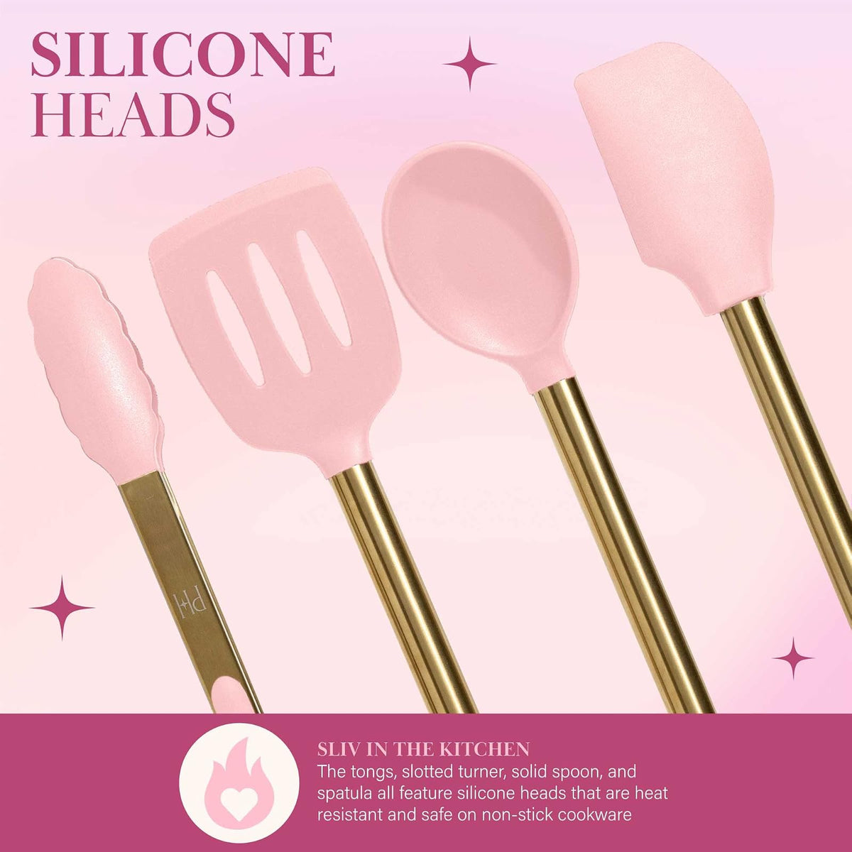 Paris Hilton - Juego de utensilios de cocina con utensilios de cocina de silicona, batidor y cucharón de acero inoxidable, 7 piezas, rosa y dorado