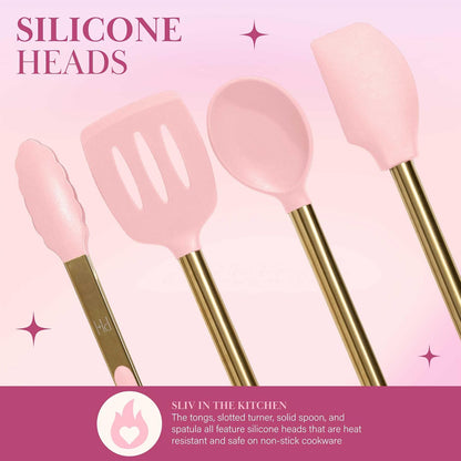 Paris Hilton - Juego de utensilios de cocina con utensilios de cocina de silicona, batidor y cucharón de acero inoxidable, 7 piezas, rosa y dorado