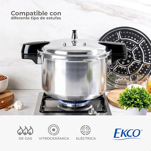 Ekco | Olla Express de 11 Litros Aluminio con 6 Sistemas de Seguridad | Cuerpo y tapa de aluminio, Cocción rápida, Mangos de baquelita, Cierre hermético, Certificado NOM