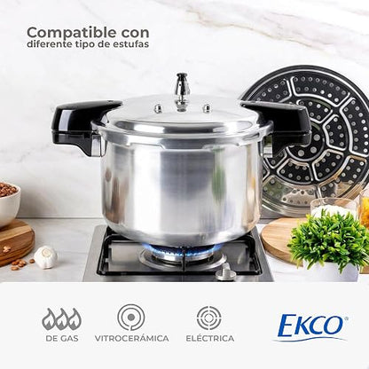 Ekco | Olla Express de 11 Litros Aluminio con 6 Sistemas de Seguridad | Cuerpo y tapa de aluminio, Cocción rápida, Mangos de baquelita, Cierre hermético, Certificado NOM