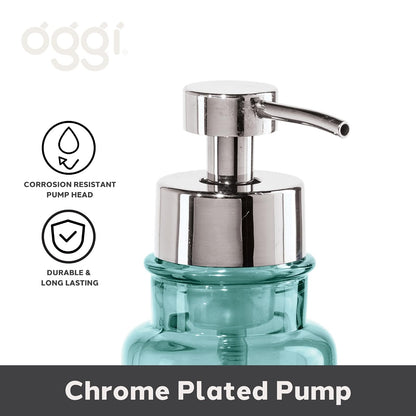 OGGI Dispensador de jabón espumante de vidrio – Capacidad de 10 onzas, redondo, vidrio pesado, elegante dispensador de jabón de manos rellenable, para baño y cocina, agua/cromo