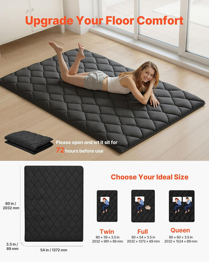 VEVOR Colchón Futón Japonés, Tatami Plegable de Tamaño Completo, con Bolsa de Almacenamiento y Herrajes de Montaje, Esterilla de 9 Capas para Meditación y Yoga, Color Negro, 2032 x 1372 x 89 mm