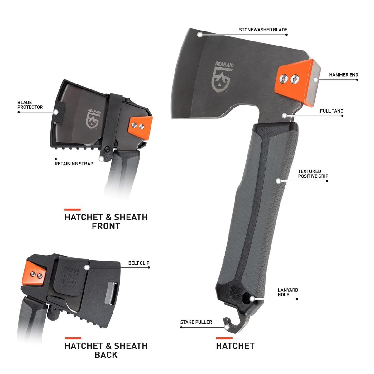 Gear Aid Balta - Hatchet: una Herramienta versátil para Incendios y campamentos con Cubierta de Seguridad, Martillo, Cortador de leña y Extractor de estaca para Tienda