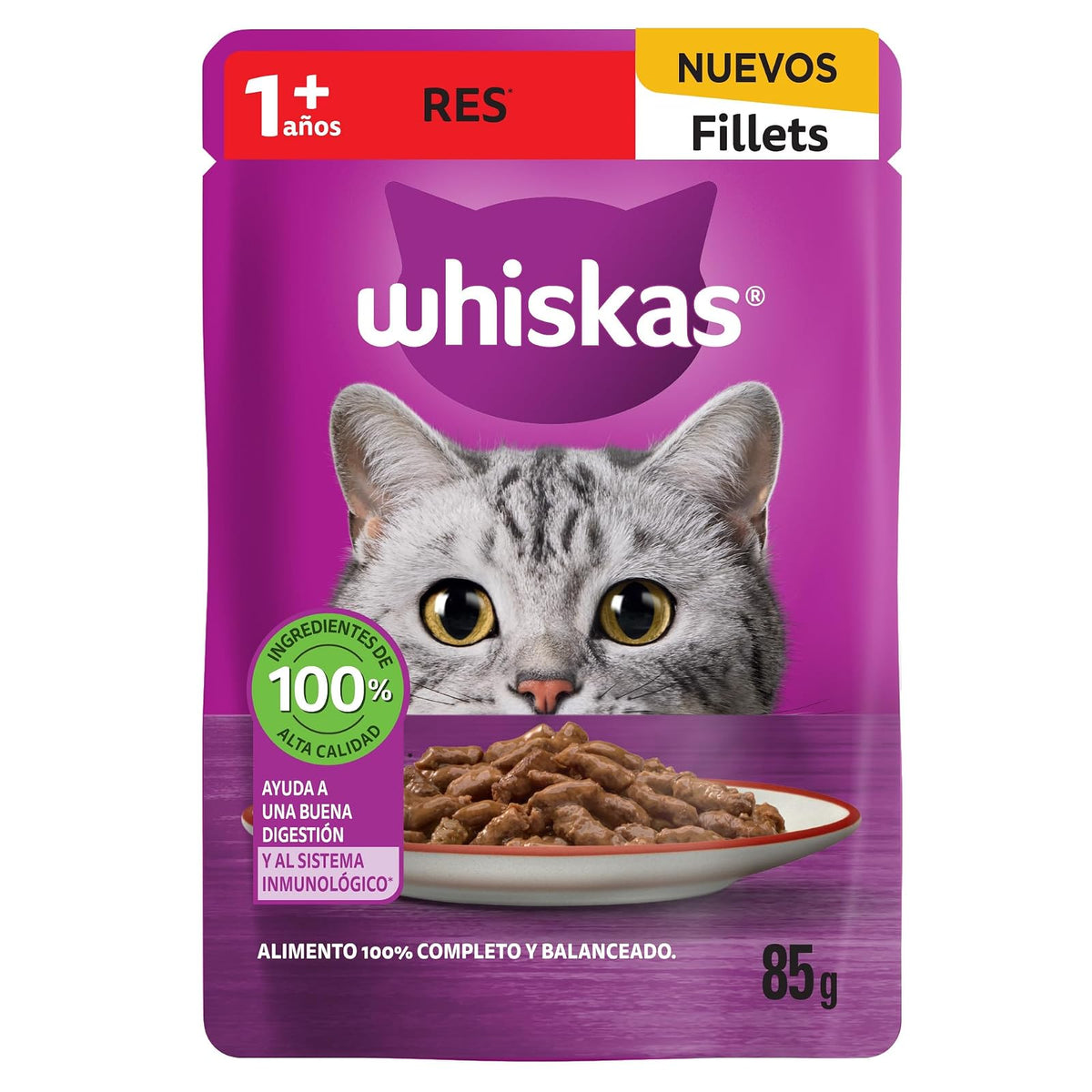 Whiskas - Alimento Húmedo para Gatos, Sabor Res, con Ingredientes Naturales, Vitaminas y Minerales, Paquete de 24 Sobres, 85g c/u.