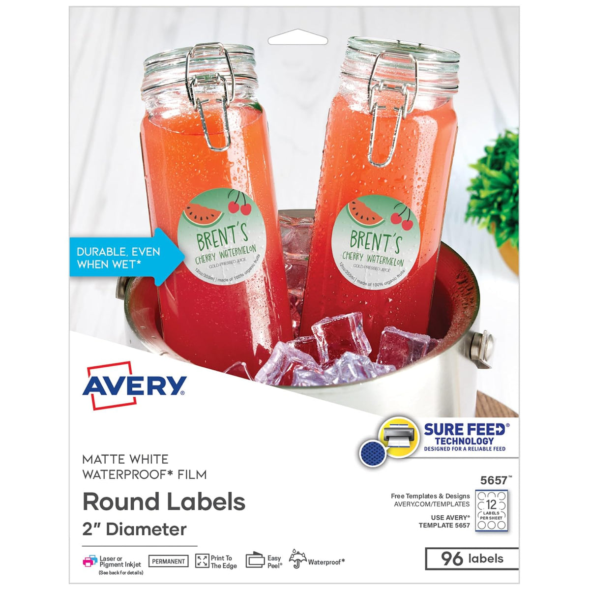 Avery Etiquetas impermeables duraderas con tecnología Sure Feed, 2 pulgadas de diámetro, blanco mate, inyección de tinta láser y pigmento, 96 etiquetas imprimibles, ideales para etiquetas de