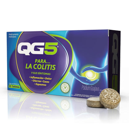 QG5 - Alivio para la Colitis. Ingredientes de origen 100% natural que alivian inflamación, dolor, diarrea, gases y espamos. Caja con 30 tabletas