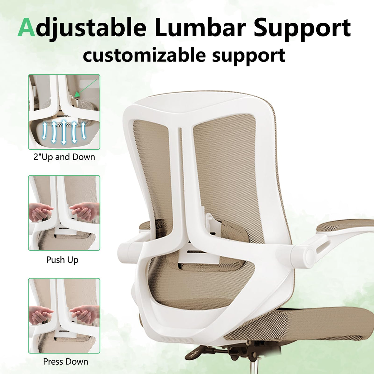 Silla ergonómica de Oficina con Soporte Lumbar, Silla de computadora de Malla con Respaldo Alto con Brazos abatibles, Silla de Trabajo Ajustable para computadora, Color Caqui