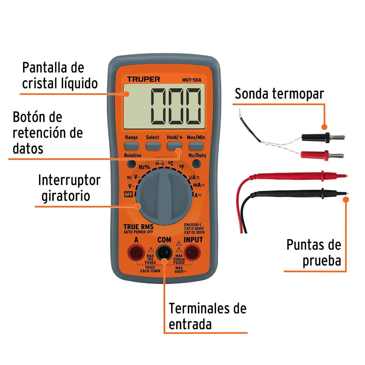 TRUPER MUT-50A, Multímetro profesional con RMS verdadero y auto rango