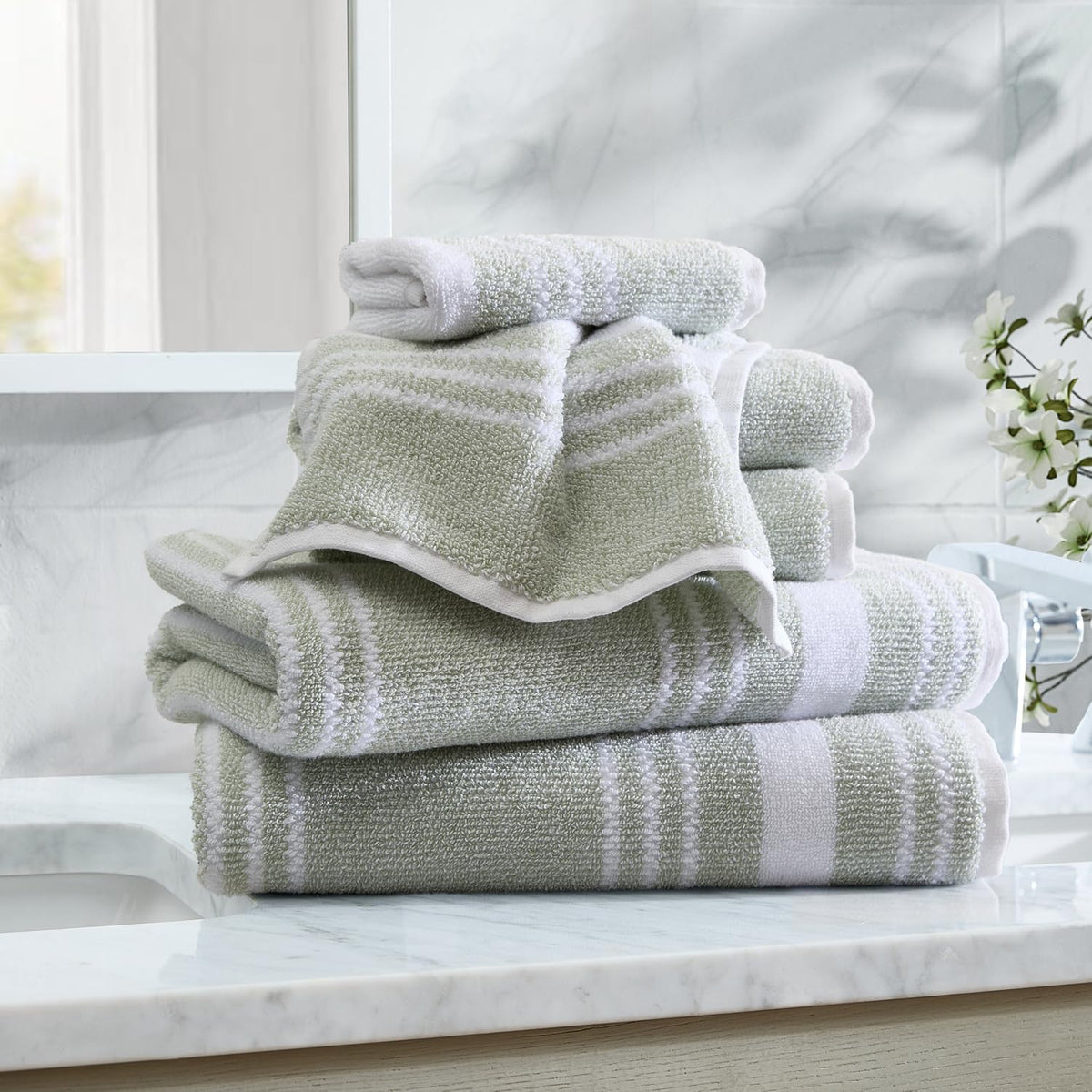 Nautica - Toallas de baño, Toallas de algodón Suaves y absorbentes con bucles de Rizo de Tinte de Hilo, Toallas de baño de Peso Medio (Verde barlovento, 6 Piezas) - 6 Piezas - Verde barlovento