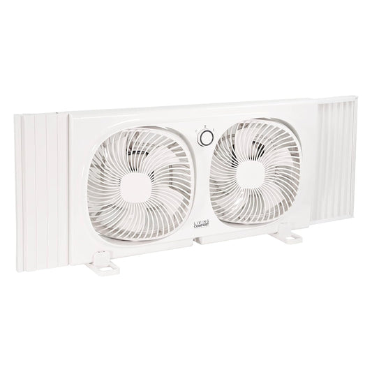 Comfort Zone Living Comfort Ventilador de ventana doble de 9 pulgadas con 2 velocidades y cabezales giratorios individualmente de 180°, visualización extraíble para insectos, ideal para el hogar
