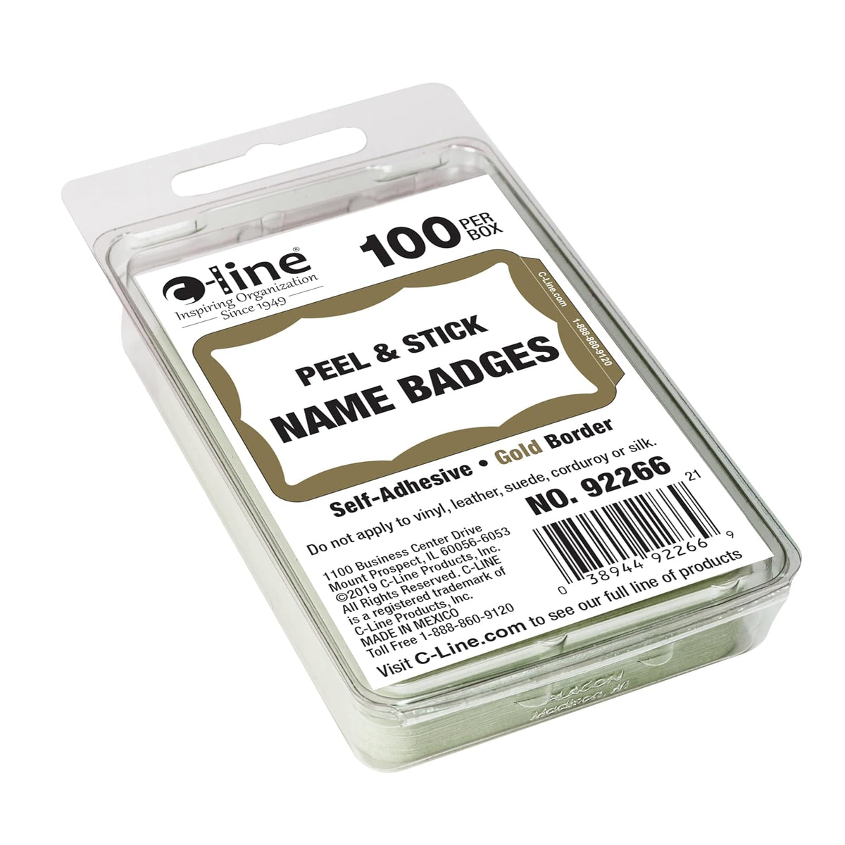 C-Line 92266 - Insignias de identificación sensibles a la presión, borde dorado, 3.5 x 2.25 pulgadas, 100 por caja