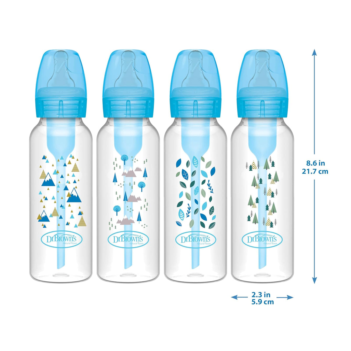 Dr. Brown's Opciones anticólicos + biberones estrechos, 0 m+ nivel 1 pezón – botella para reducir los cólicos, paquete de 4, 8 onzas, diseños Blue Nature