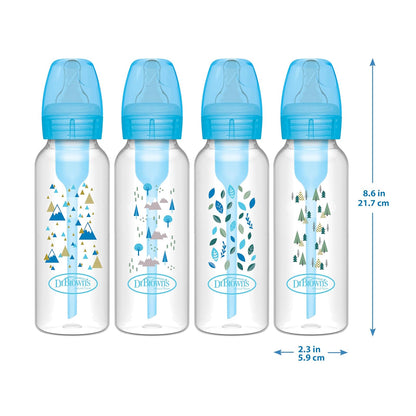 Dr. Brown's Opciones anticólicos + biberones estrechos, 0 m+ nivel 1 pezón – botella para reducir los cólicos, paquete de 4, 8 onzas, diseños Blue Nature