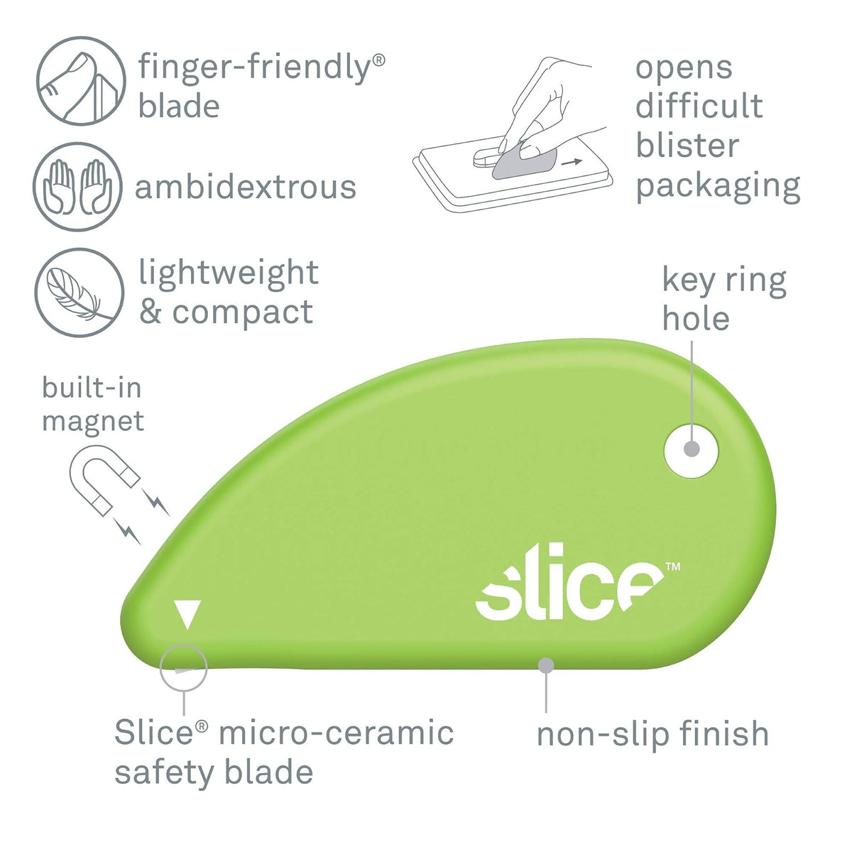 Cortador de seguridad Slice Micro | Cortador de caja de cerámica seguro que dura 11 veces más que el metal | Abrecajas de llavero | Paquete de 2 | Verde