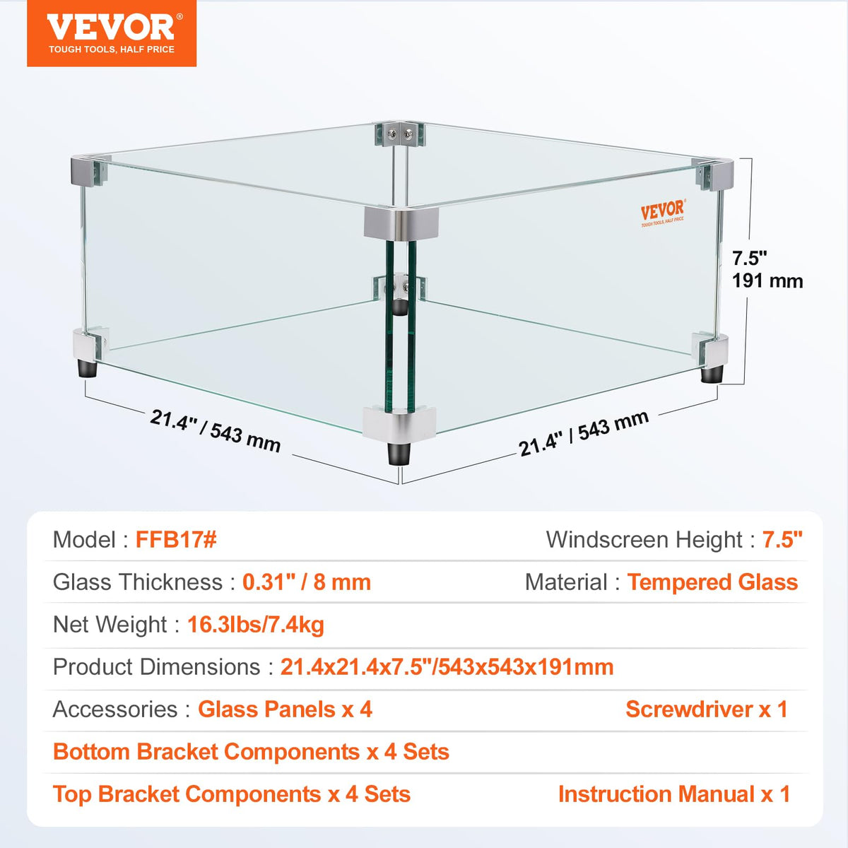 VEVOR Protector contra el Viento para brasero de Gas, 543x543x191 mm Protector contra el Viento de Vidrio Templado Pantalla Protectora Cuadrada Protector contra Llamas a Prueba de Viento Espesor 8 mm
