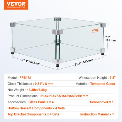 VEVOR Protector contra el Viento para brasero de Gas, 543x543x191 mm Protector contra el Viento de Vidrio Templado Pantalla Protectora Cuadrada Protector contra Llamas a Prueba de Viento Espesor 8 mm