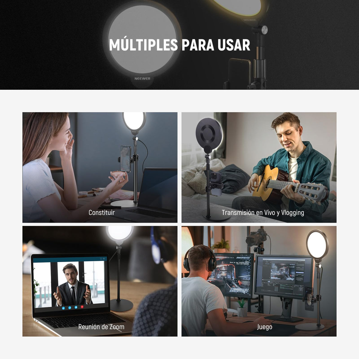 NEEWER BÁSICO Paquete de 2 7" Aro Luz Escritorio para Grabación, 10W Regulable Key Light Pantalla Completa con Soporte & Soporte Teléfono, Ideal para iPhone Laptop Vlog Streaming Videoconferencia,R06