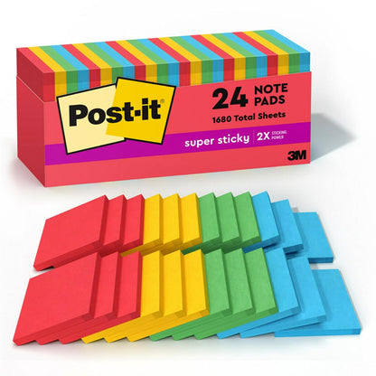 Post-it Notas superadhesivas, 3 x 3 pulgadas, 24 almohadillas para orejas, 2 veces el poder de adherencia, colores primarios (rojo, amarillo, verde, azul), reciclable (654-24SSAN-CP)