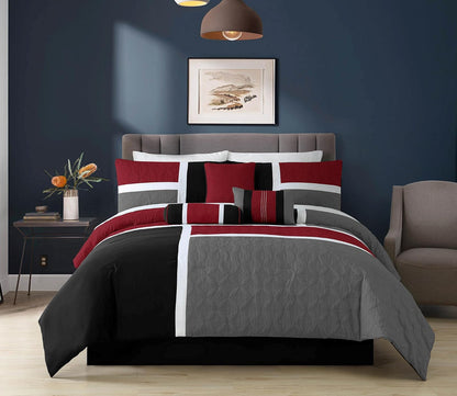 Chezmoi Collection - Juego de edredón Acolchado de 7 Piezas con diseño de Patchwork - Queen, Rojo/Gris/Negro