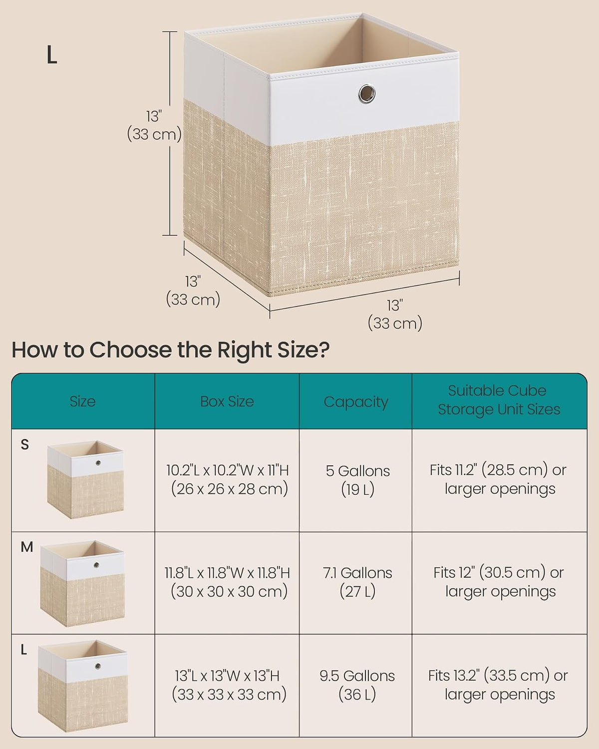 SONGMICS Cajas Organizadoras de Tela, 6 Piezas, 33 x 33 x 33 cm | Cubos de Almacenamiento Plegables, para Clóset, Blanco y Beige, Colección TINA MRFB433LF02