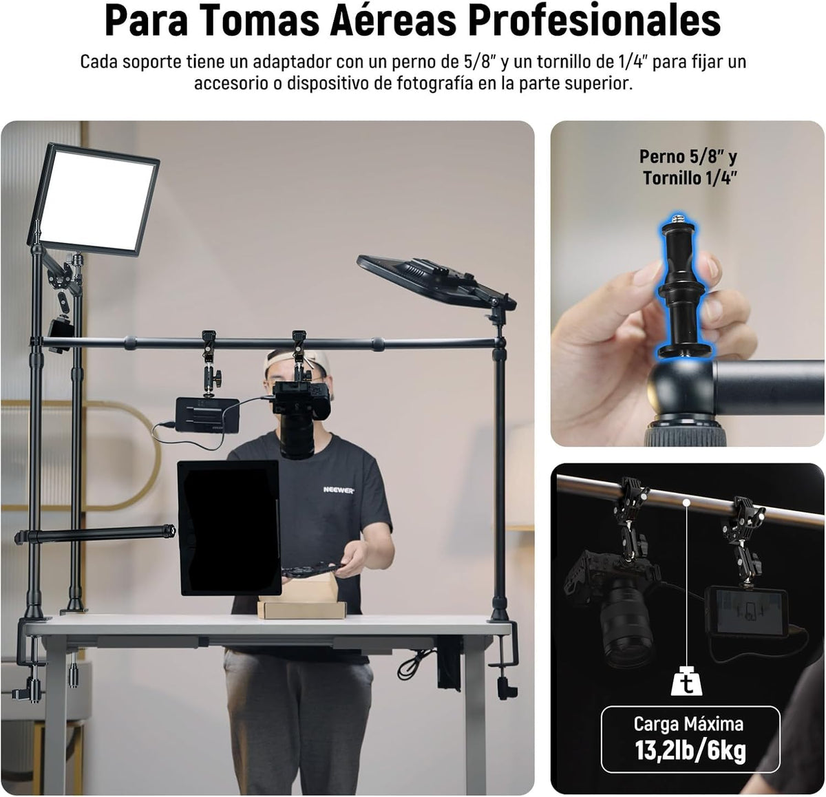 NEEWER Overhead Camera Mount Rig Con Súper Clamp Doble Cabezal/Soporte Móvil/C Clamp Escritorio Soporte Cámara Cenital Para Fotografía Video, NK003