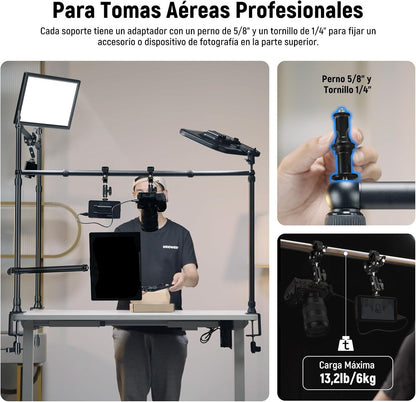 NEEWER Overhead Camera Mount Rig Con Súper Clamp Doble Cabezal/Soporte Móvil/C Clamp Escritorio Soporte Cámara Cenital Para Fotografía Video, NK003