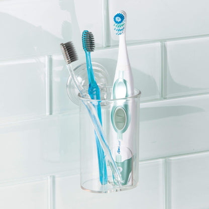 InterDesign Power Lock Suction Toothbrush, Toothpaste, Spin Toothbrush & Razor Holder for Bathroom Vanity or Countertop - Clear