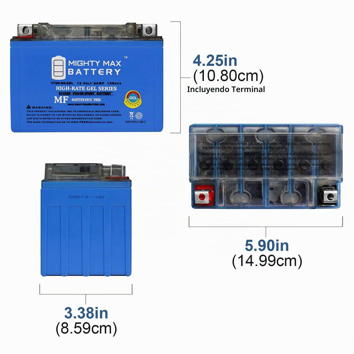 Mighty MAX Battery Batería YTX9-BSGEL -12 voltios 8 AH, Tipo Gel, 135 CCA, Recargable sin Mantenimiento SLA AGM Batería para Motocicleta