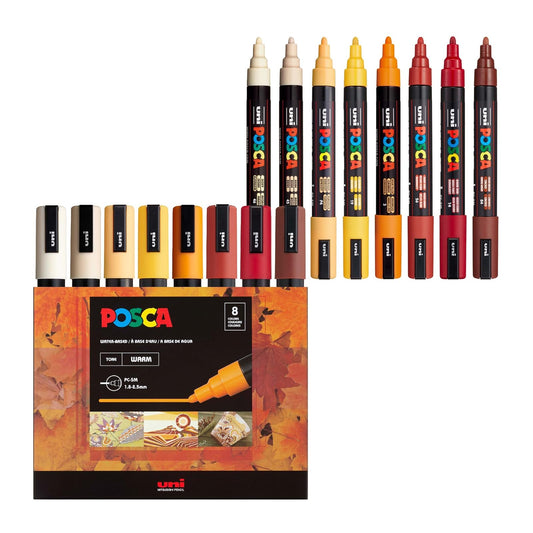 Uni Posca - Juego de marcadores de pintura acrílica de tonos cálidos, 8 unidades, secado rápido, no tóxico, certificado ACMI