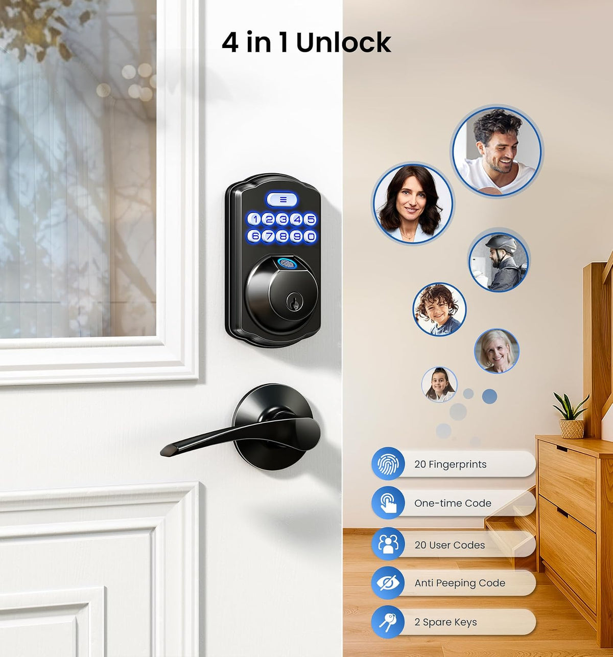 Veise KS02A - Cerradura de puerta de entrada sin llave de huellas dactilares, bloqueo automático, cerrojo electrónico para puerta delantera, biométrico, contraseña antipeeping, fácil instalación