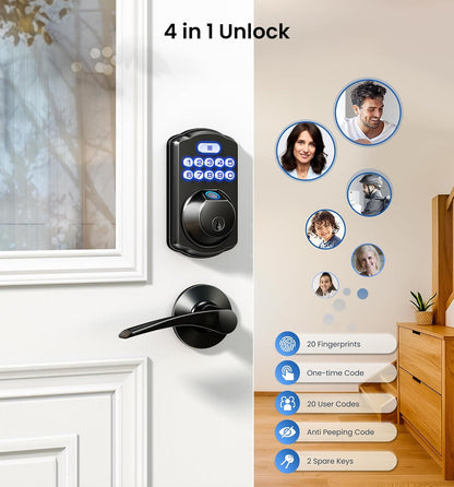 Veise KS02A - Cerradura de puerta de entrada sin llave de huellas dactilares, bloqueo automático, cerrojo electrónico para puerta delantera, biométrico, contraseña antipeeping, fácil instalación