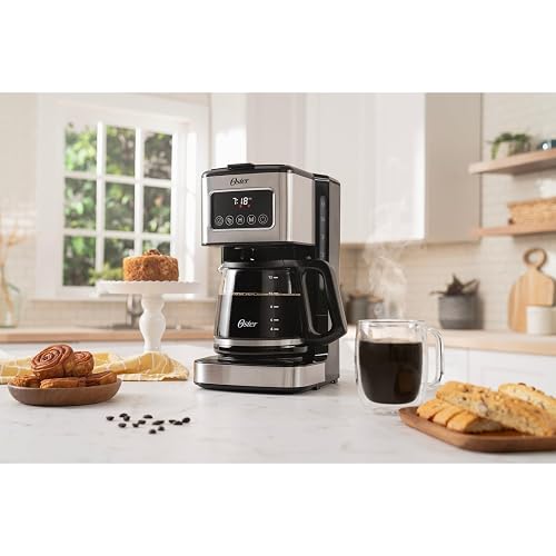 Oster Cafetera de Goteo Programable Capacidad 12 Tazas, Pantalla Táctil LED | Programa el café hasta 24 hrs de anticipación, pausa para servir, apagado automático, filtro reutilizable,