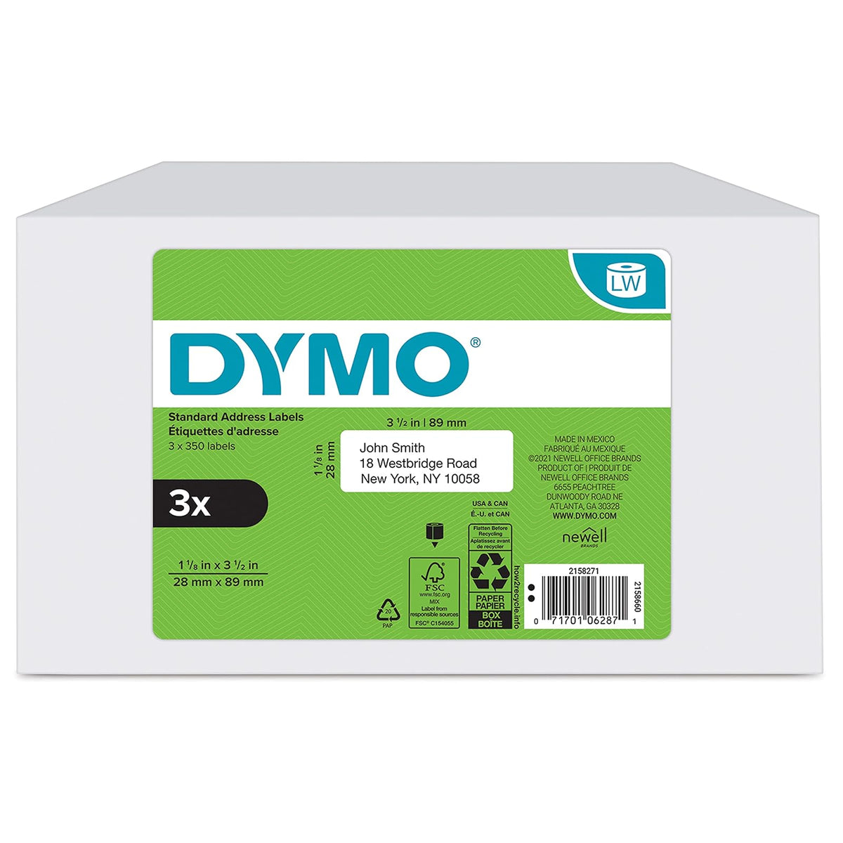 DYMO® - Etiquetas de dirección de correo LW auténticas para impresoras de etiquetas LabelWriter™, (1-1/8" x 3-1/2"), 3 rollos de 350 (1050 en total)