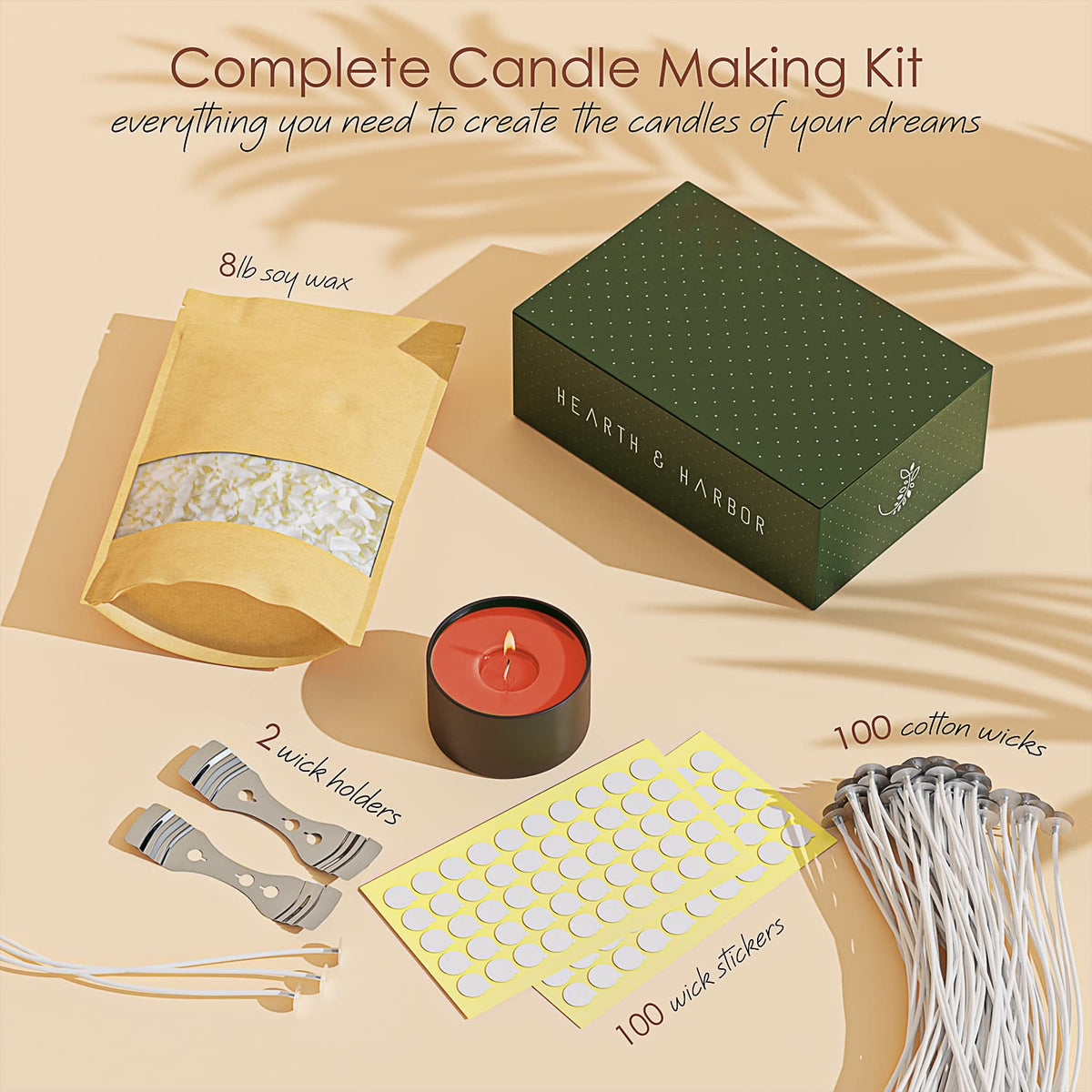 Hearth & Harbor - Bolsa de 4.53 kg Cera de Soya para Velas para Hacer Velas, Hojuelas de Cera de Soya Natural Premium, 100 Mechas de Algodón, 100 Pegatinas para Mechas y 2 Dispositivos de Centrado