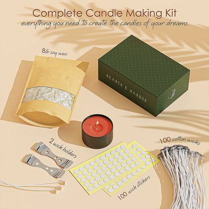 Hearth & Harbor - Bolsa de 4.53 kg Cera de Soya para Velas para Hacer Velas, Hojuelas de Cera de Soya Natural Premium, 100 Mechas de Algodón, 100 Pegatinas para Mechas y 2 Dispositivos de Centrado