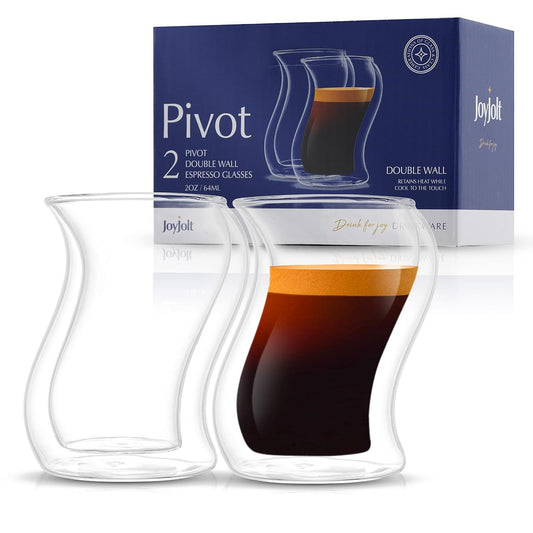 JoyJolt Pivot Espresso Shot Glass - Juego de 2 tazones de café expreso con diseño singular - Lentes de café expreso de doble pared para uso doméstico o profesional