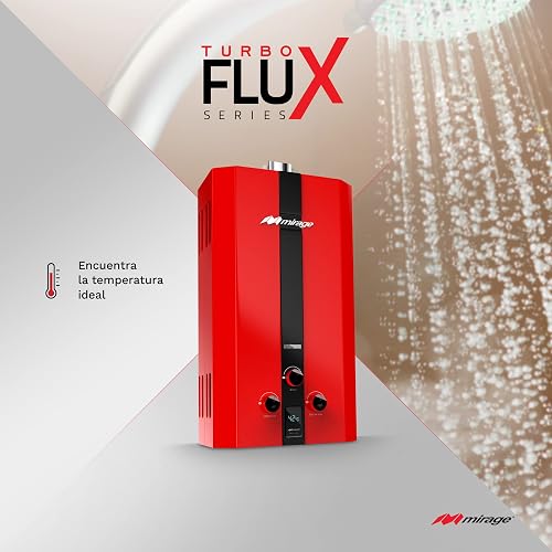 Mirage Calentador Agua MBF06ZB | Rojo, 6 L/min, gas LP, sensor sobrecalentamiento, pantalla LED