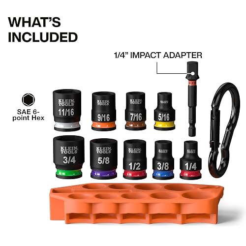 Klein Tools 33809 Grab-And-Go Impact Socket Set, SAE, juego de 10 piezas con manga, mosquetón y unidad de 3/8 pulgadas, codificación por colores de 1/4, 5/16, 3/8, 7/16, 1/2, 9/16, 5/8, 11/16 y 3/4