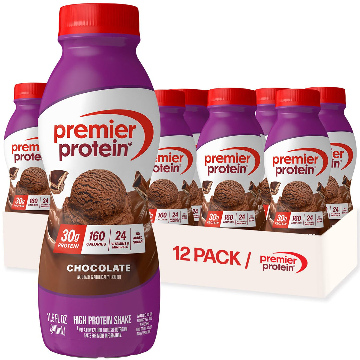 Premier Protein Shake, Batido Nutricional de Chocolate, 12 Piezas de 349 ml, 30g de Proteína por Porción, Bajo en Azúcar, Sin Gluten.