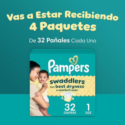 PAMPERS Swaddlers Pañales Desechables Unisex Etapa 1, 128 Uds, Bebé 4-6 kg