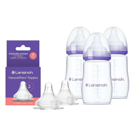 Lansinoh Tetina Para Biberón Natural Wave 2 Piezas Flujo Lento, Paquete De 1 Count + Lansinoh mOmma Set de Biberones, Libres de BPA Y BPS